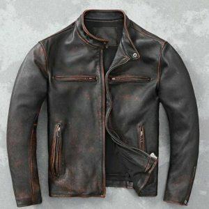 Men’s Motorcycle Biker Vintage Cafe Racer Distressed Brown Real Leather Jacket -