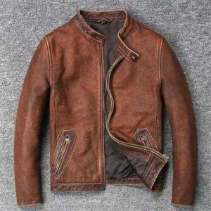 Distressed Motorcycle Biker Cafe Racer Tan Brown Vintage Men's Leather Jacket