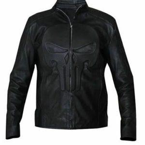 Black Punisher Padded Embossed Skull Biker Real Leather Jacket