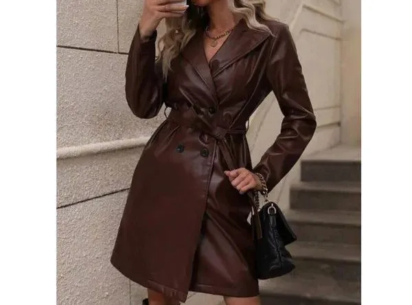 Brown Belted Leather Trench Coat