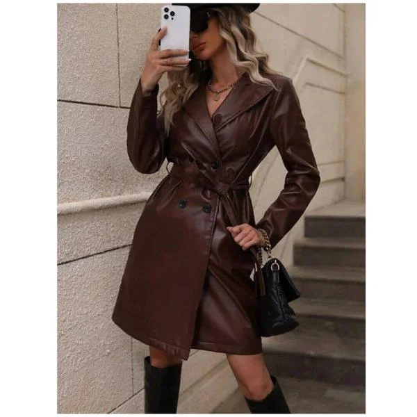 Brown Belted Leather Trench Coat